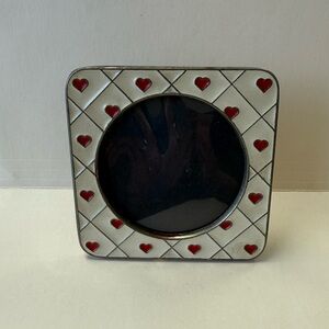 Vintage Metal Beige Enameled Decorative Photo Frame with Red Hearts.